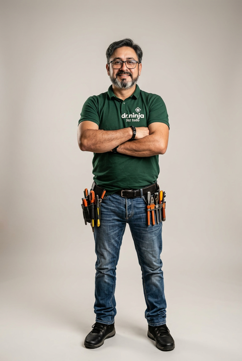 Profissional Dr. NINJA FAZ TUDO com ferramentas e uniforme verde